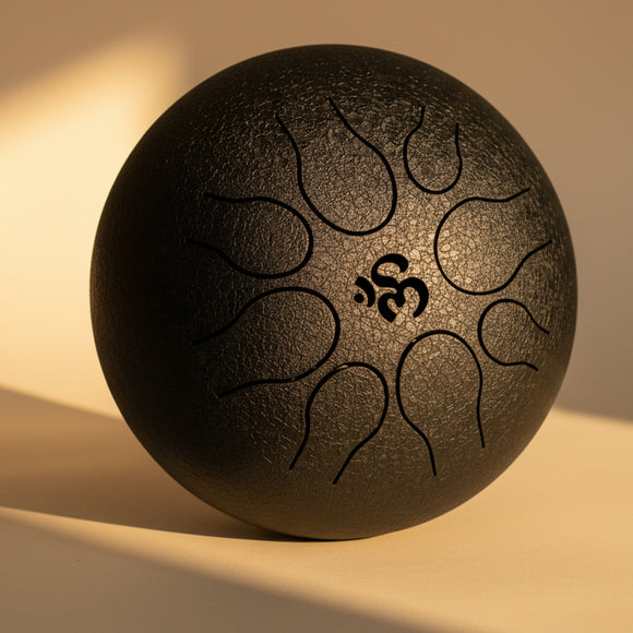 Black tingsha drum with engraved patterns on a wooden surface