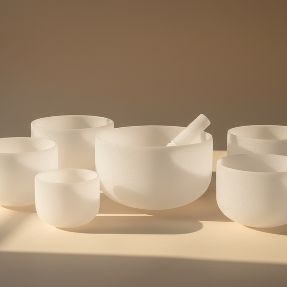 set of 5 white frosted crystal singing bowls on a beige studio background with natural warm sunlight